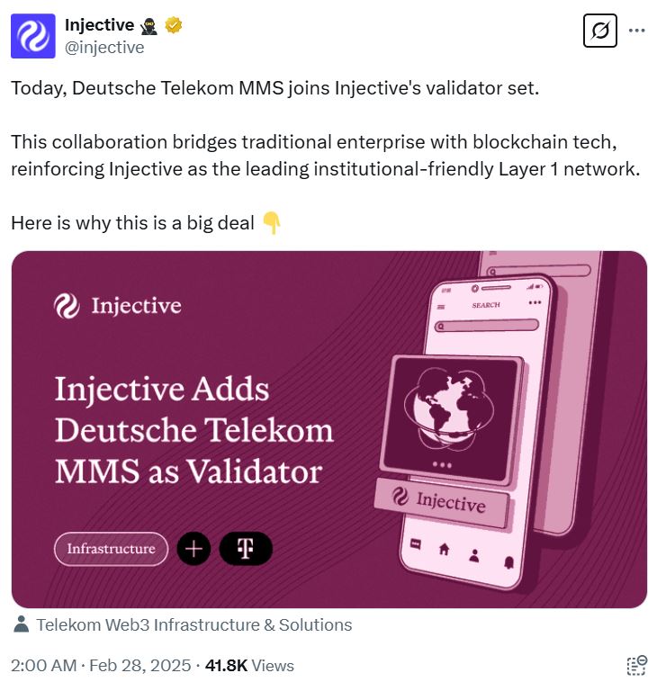 Deutsche Telekom subsidiary becomes a validator for Injective blockchain