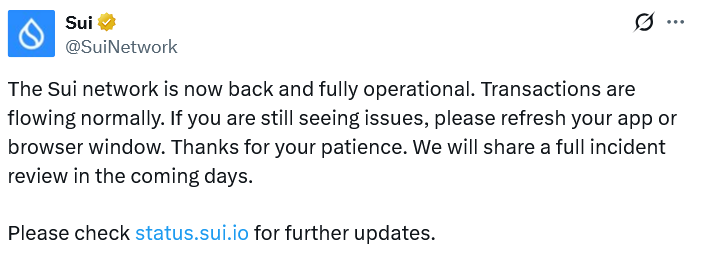 Sui Blockchain Recovers From 6-Hour Network Outage